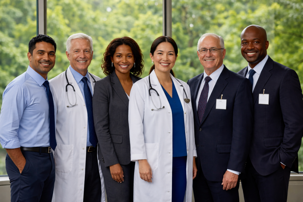 Group of diverse healthcare professionals smiling together.