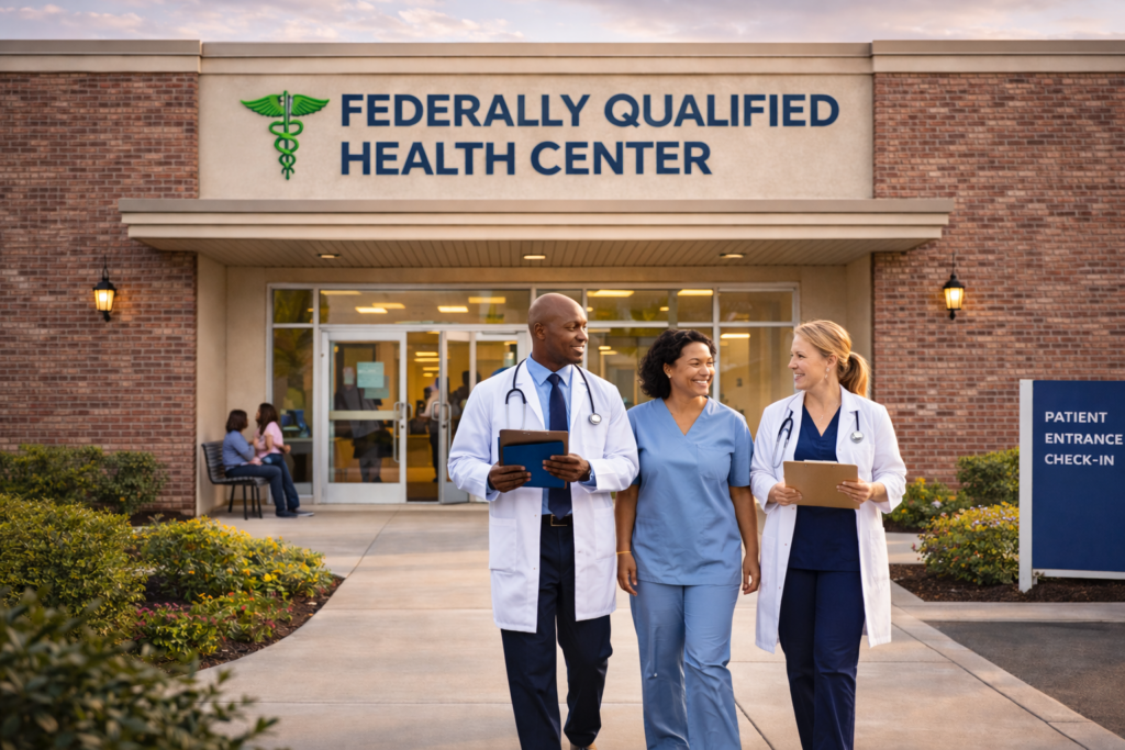Healthcare professionals walking outside medical center.