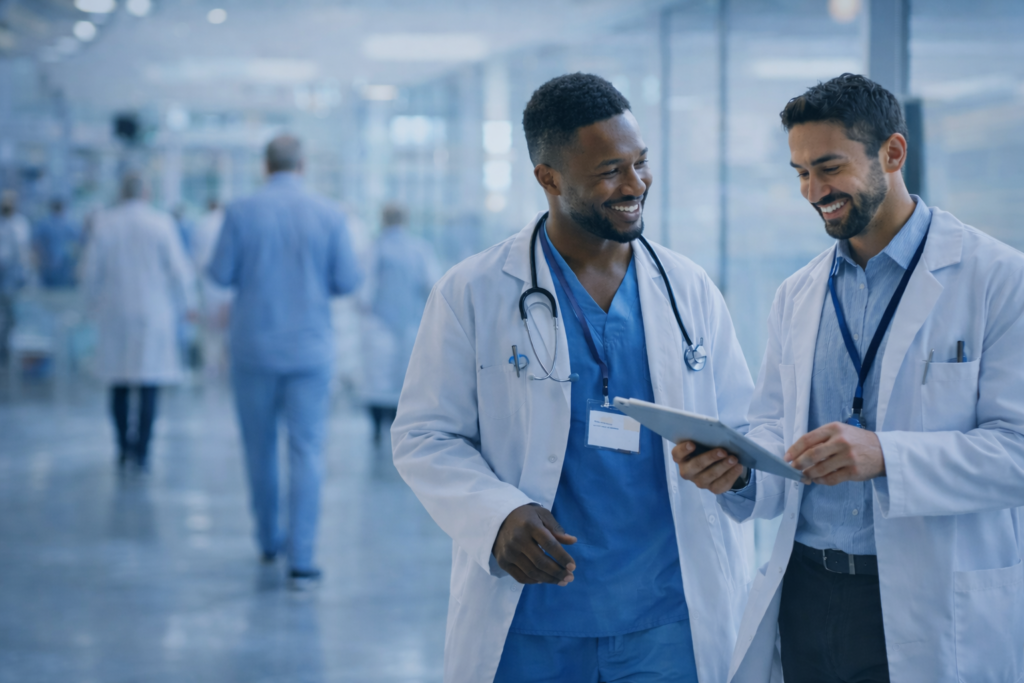 Doctors discussing patient information in hospital corridor.
