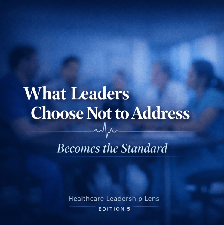 Healthcare leadership meeting with text overlay.